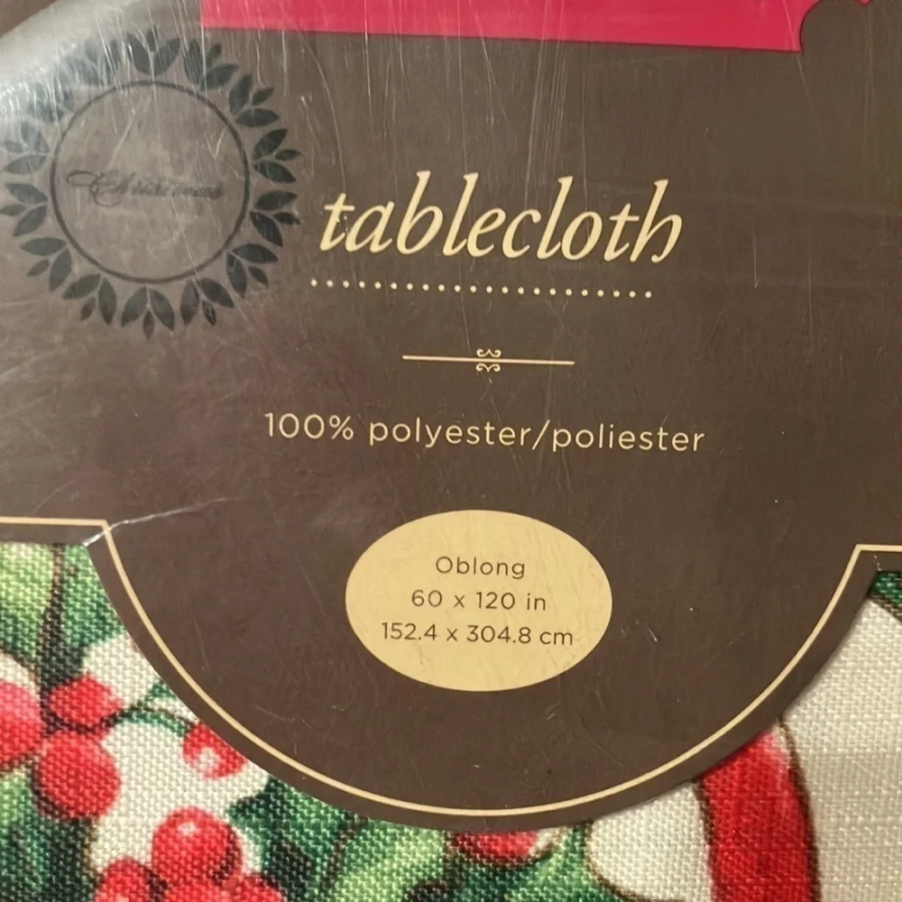 VINTAGE KMART TRIM A HOME HOLLY LEAVES BERRIES & RED RIBBON CHRISTMAS TABLECLOTH